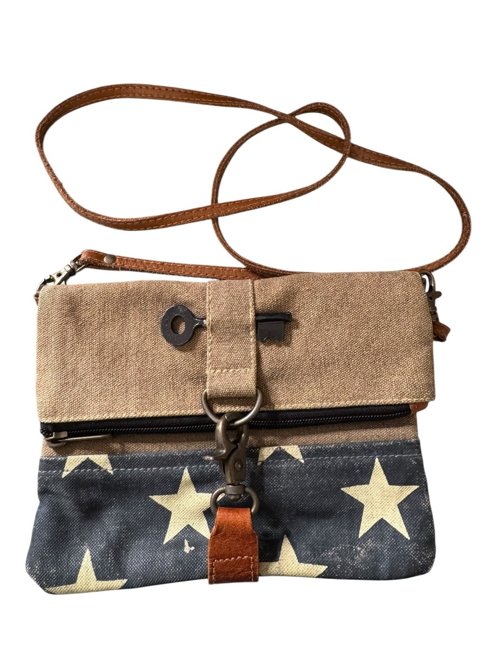 Mona B  Stardust FoldOver Crossbody Bag Canvas and Leather Khaki Blue White
